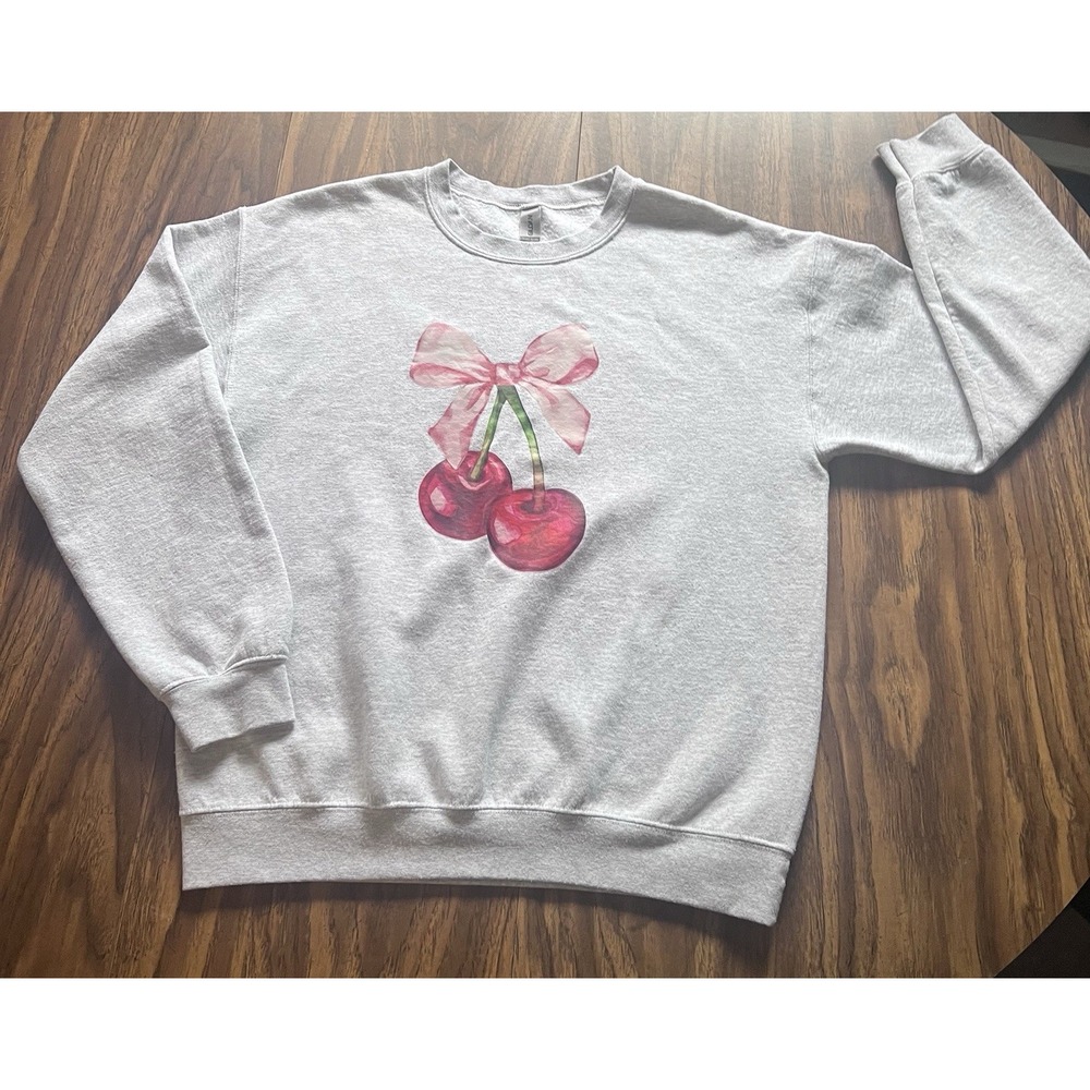 Cherry and Bow Sweatshirt Women's Size Medium Gildan Brand Light Gray